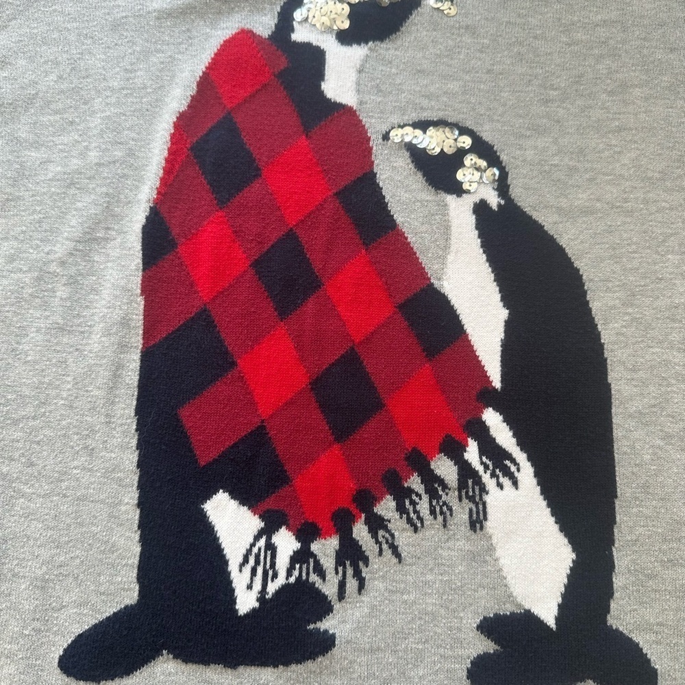 Buffalo Plaid Penguin Sweater Sequins Holiday Christmas Festive Stretchy Sz M - Picture 7 of 9
